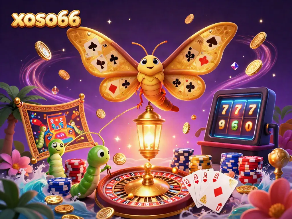 Engage in thrilling games with xoso66, featuring vibrant casino scenes and a stunning 3D moth.