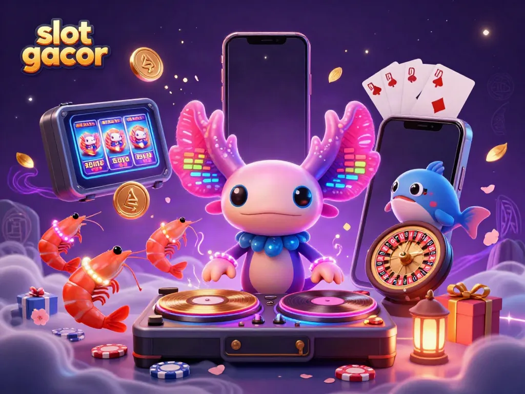Experience the thrill of slot gacor with a colorful 3D axolotl DJ and dynamic casino elements.