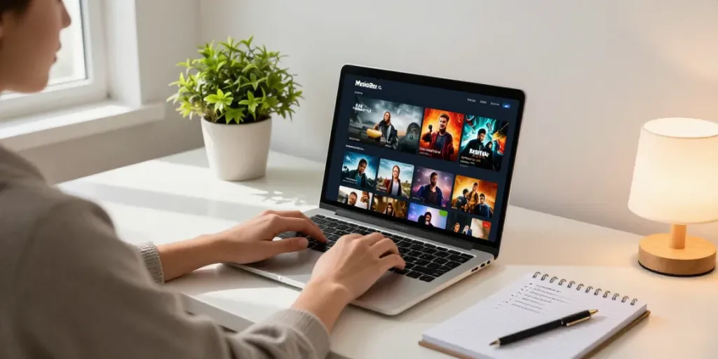 Engaged user streaming on MovieBox PC in a cozy home office.