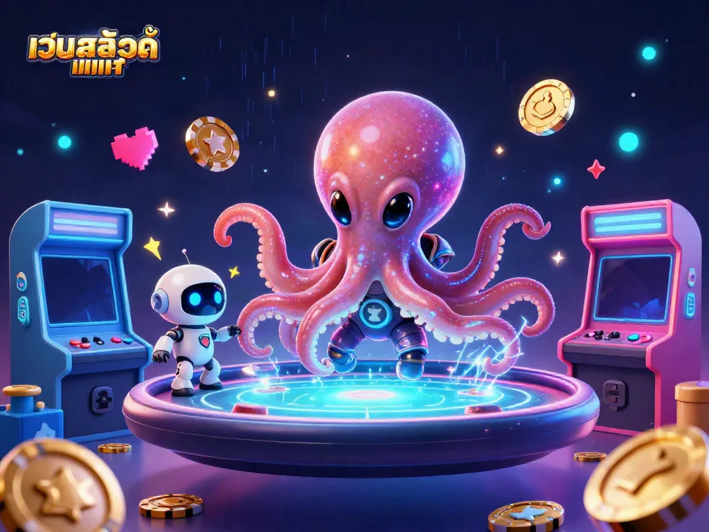 Experience เว็บสล็อตแท้ with a vibrant 3D alien octopus at a holographic poker table in an engaging casino scene