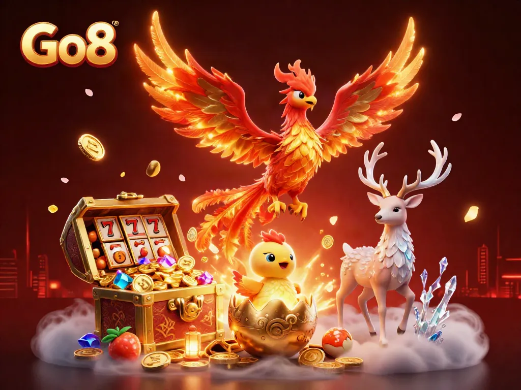 Engage with Go8 gaming excitement through an enchanting scene featuring a phoenix and vibrant casino elements.