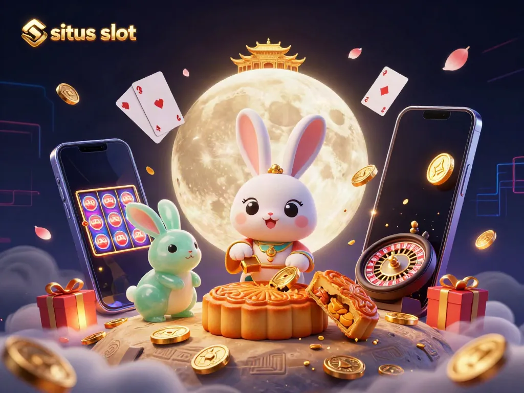 Engaging scene of situs slot featuring a moon rabbit creating golden mooncakes with poker chips, surrounded by dynamic casino elements.