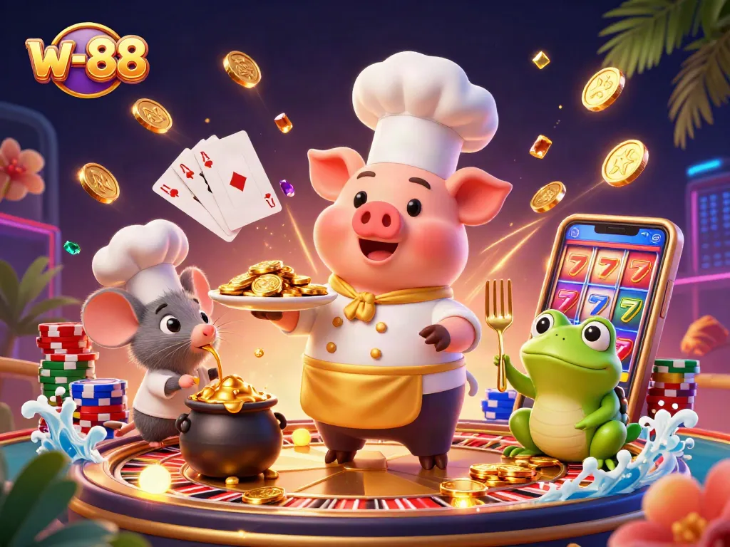 Win big with w-88 as a gourmet chef pig serves golden coins amidst dazzling casino elements.
