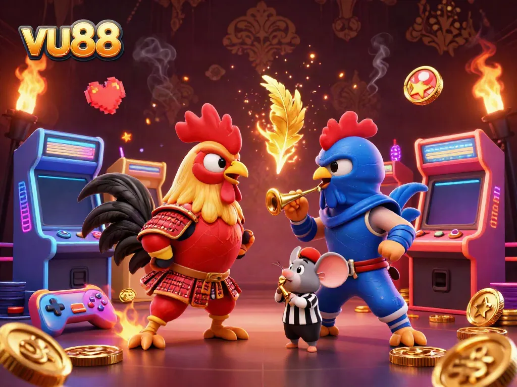Experience action-packed moments with vu88's dynamic fighting rooster showdown in this vibrant illustration.