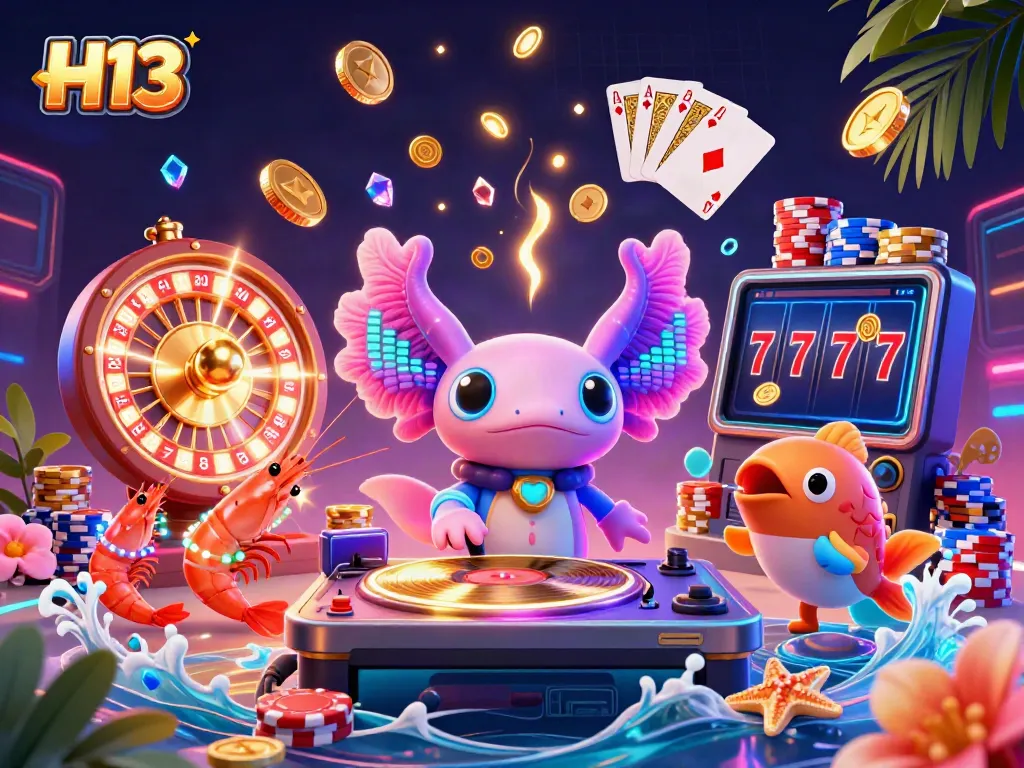 Engage in exciting slots and casino games with H13 as a vibrant DJ and animated sea friends bring casino fun to life.