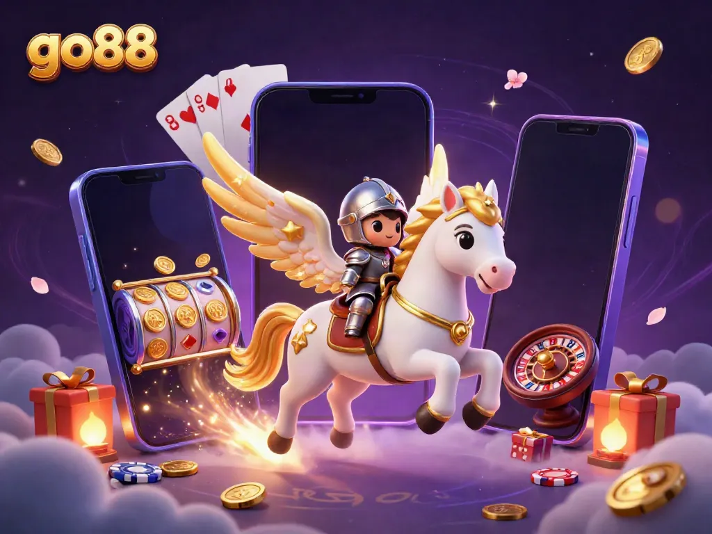 Engage with go88's captivating gaming experience featuring a celestial scene with slot games, cards, and vibrant characters.