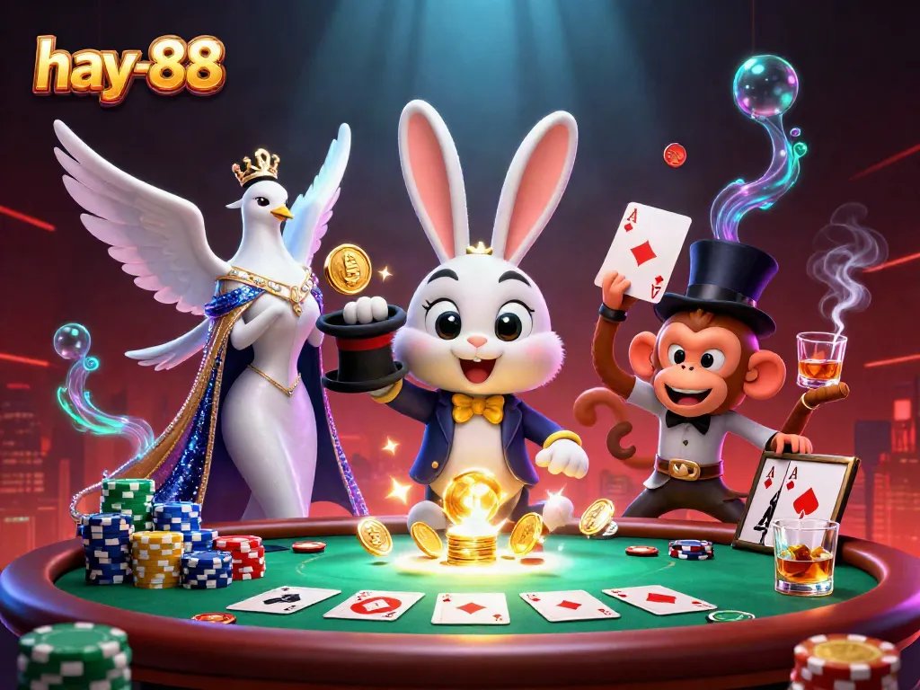 Experience the thrill of hay-88 with a magician rabbit and poker fun in a vibrant 3D casino scene.