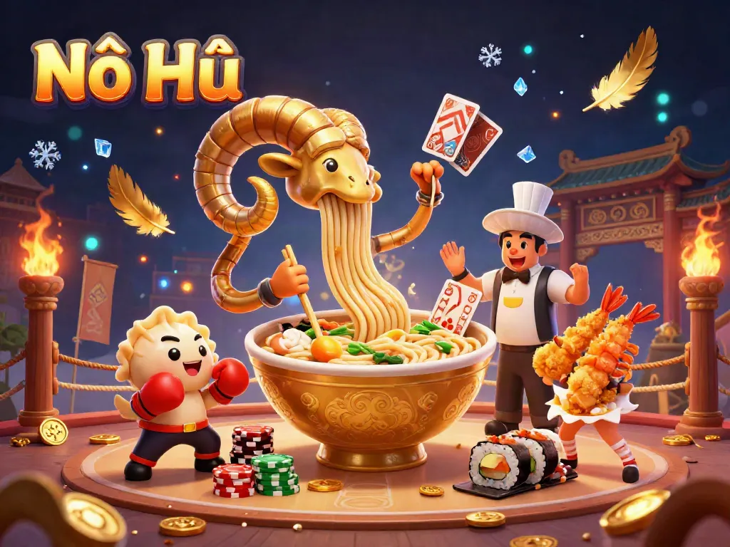Nổ Hũ showcases a vibrant scene with a giant ramen bowl character dealing cards amidst a dynamic casino atmosphere.