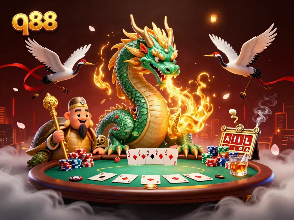 Engage with Q88's vibrant casino world featuring a jade dragon and a turtle sage amidst dynamic poker elements.