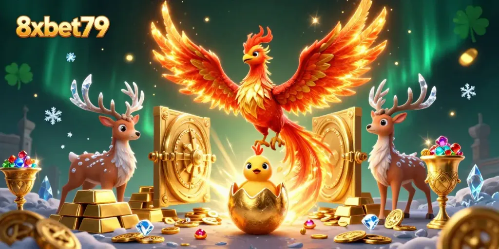 Experience top-tier gaming excitement with 8xbet79 featuring a vibrant scene of a phoenix, baby chick, and mystical stag.