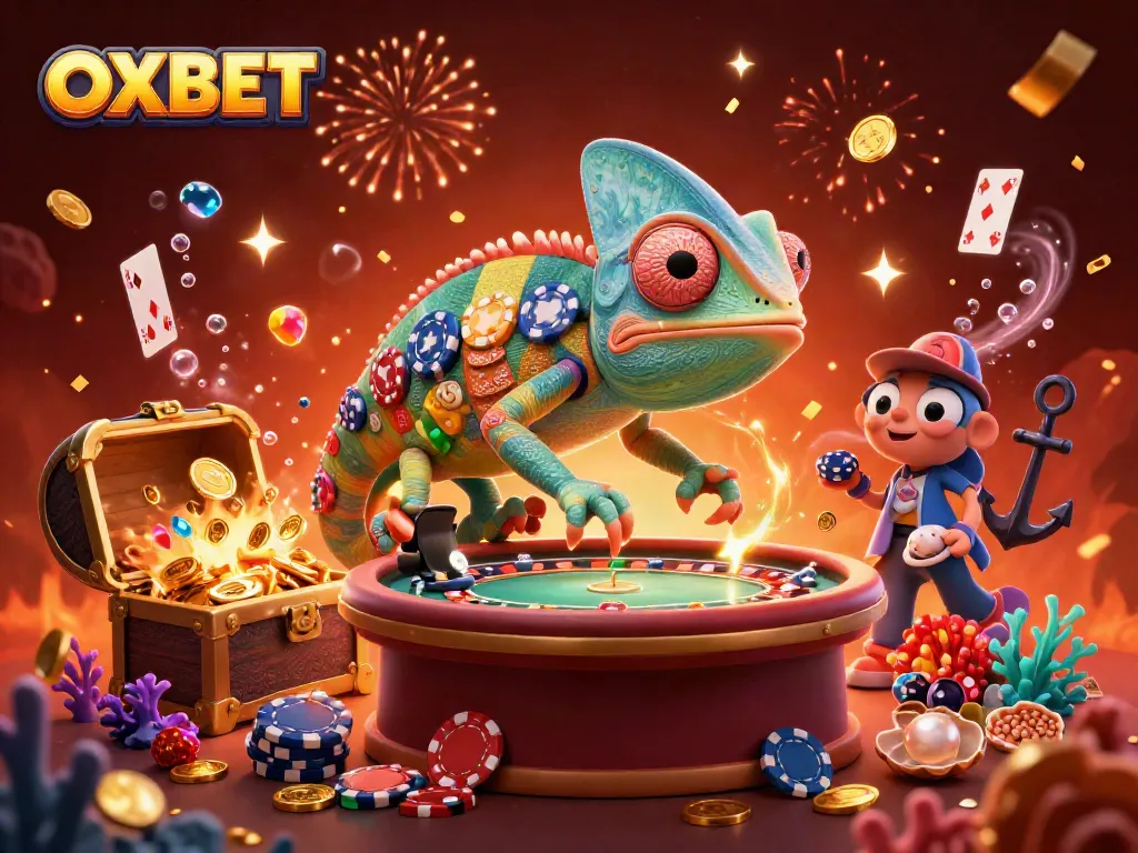 Experience the excitement of OXBET with a vibrant 3D illustration showcasing a chameleon casino owner amidst rich casino elements.