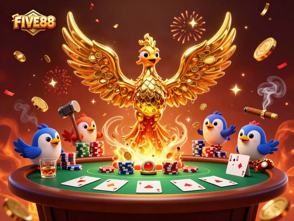 Experience thrilling gaming action at FIVE88 with a striking molten phoenix illuminating the casino.