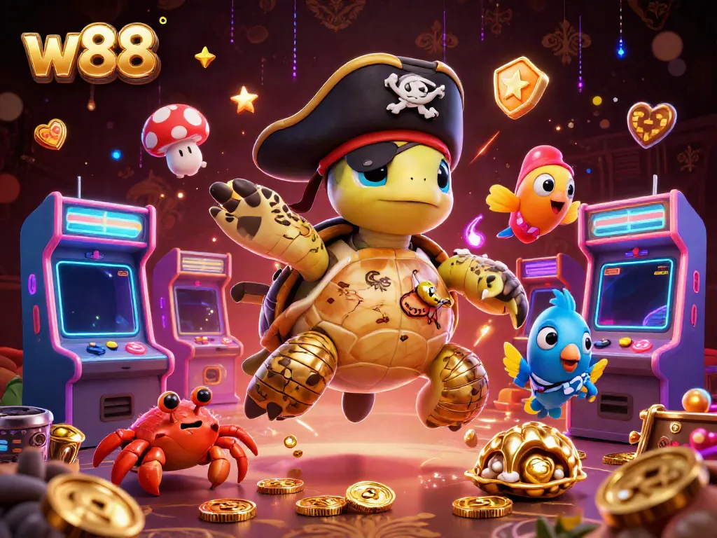 Experience thrilling gaming action at w88 with a dynamic treasure-filled scene featuring 3D cartoon characters.
