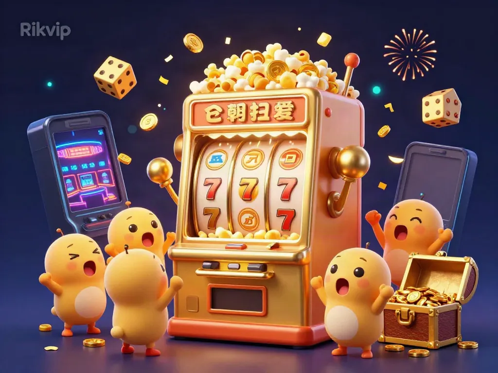 Experience the thrill of Rikvip with a golden slot machine, jackpot explosion, and colorful casino action.