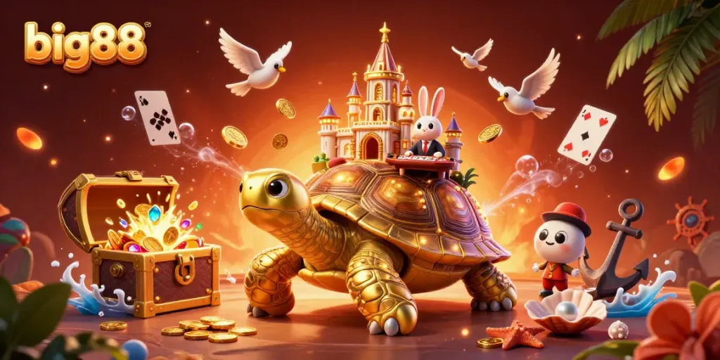 Experience big88 with this vibrant 3D illustration showcasing a tortoise casino and dynamic game elements.