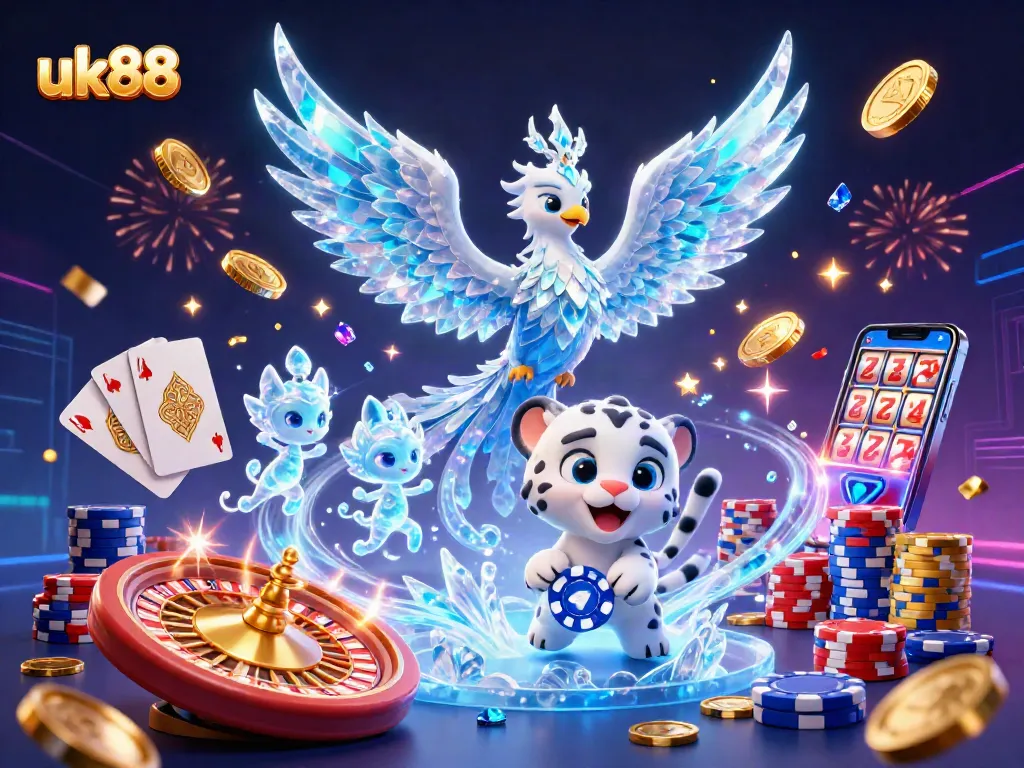Engage in the thrilling world of UK88 with festive characters and vibrant casino elements.