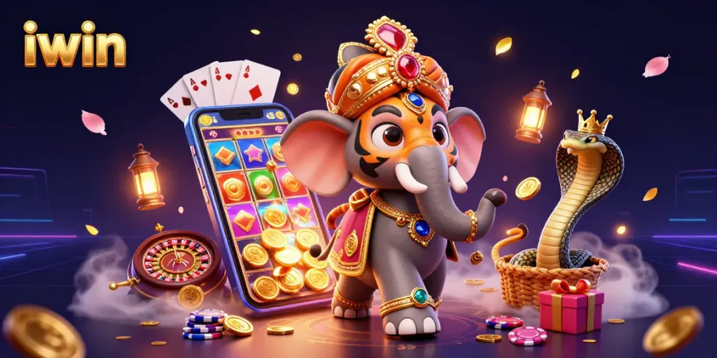 Spin the iwin slots with a colorful 3D digital illustration of a maharaja and casino elements.