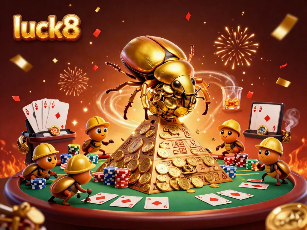 Experience the excitement of luck8 with gold coins, poker elements, and celebration confetti.