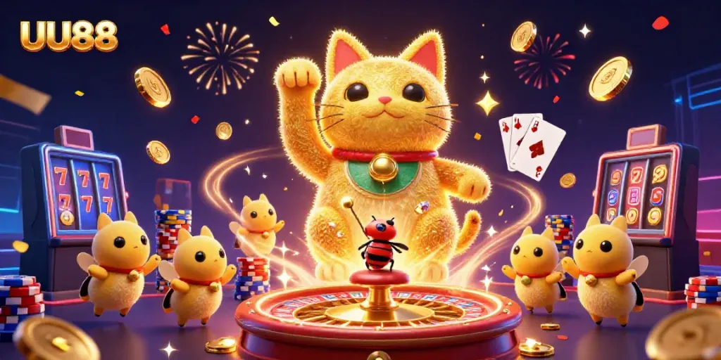 Experience the excitement of UU88's casino world with vivid 3D visuals featuring lucky symbols and celebratory elements.