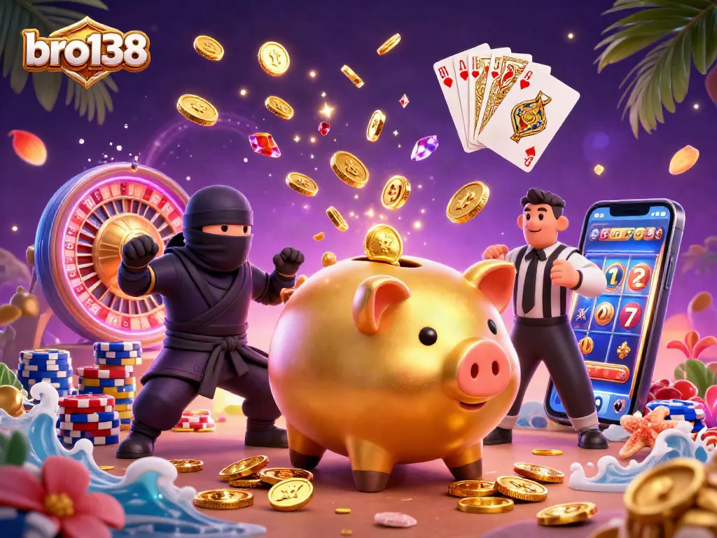 Bro138 casino scene with a dynamic golden piggy bank sumo wrestler and swirling treasures.