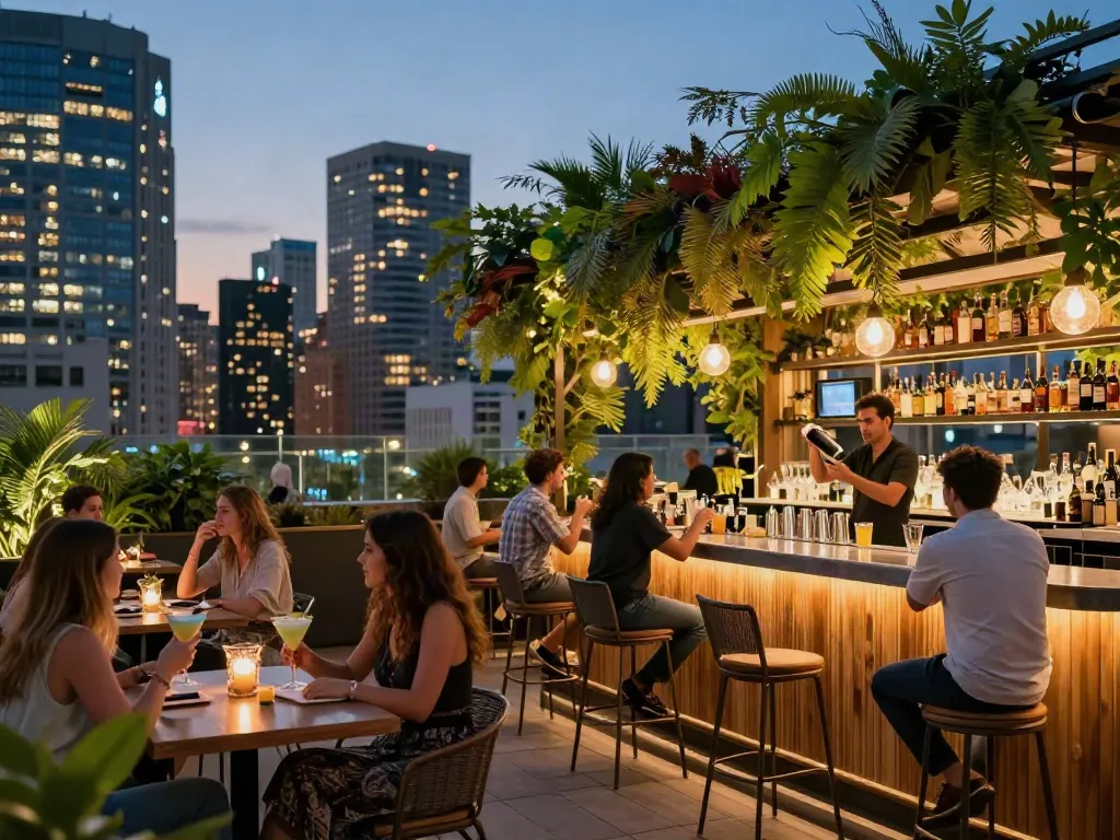 nohu rooftop bar scene with city skyline views, people enjoying cocktails
