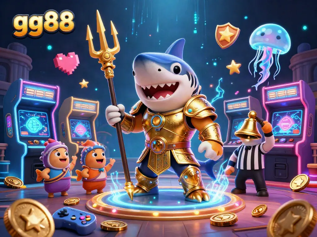 Engage with gg88's exhilarating underwater casino scene featuring an armored tiger shark and vibrant gaming elements.