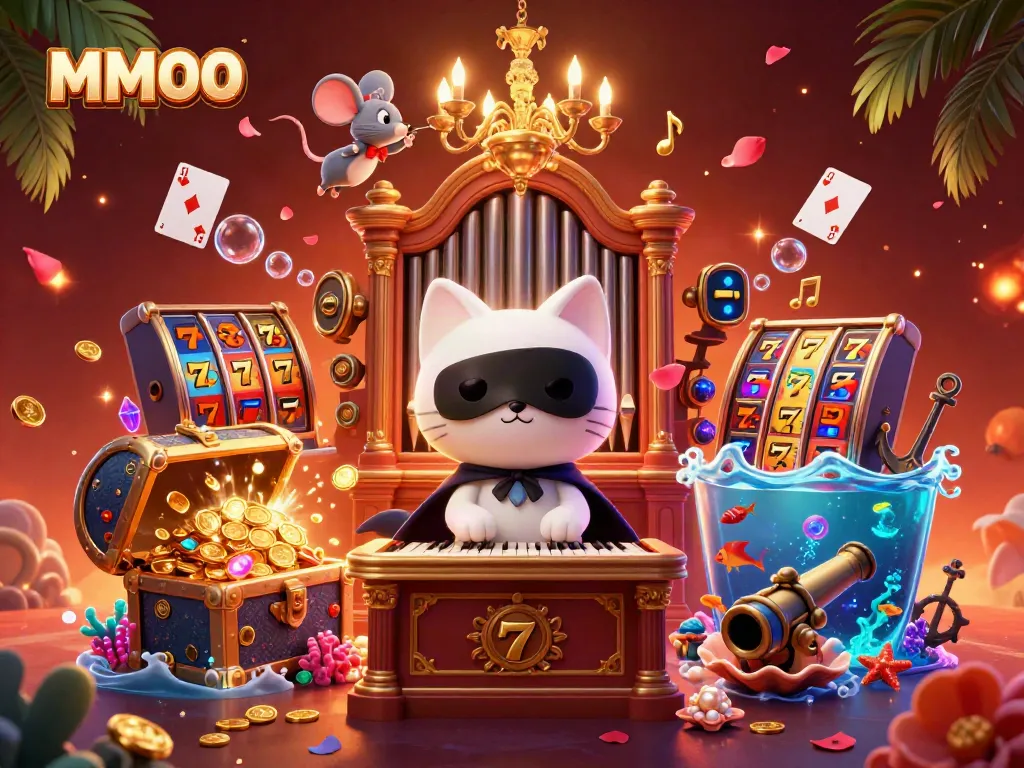 Experience the thrill of MMOO slots with enchanting casino characters amidst sparkling treasures.