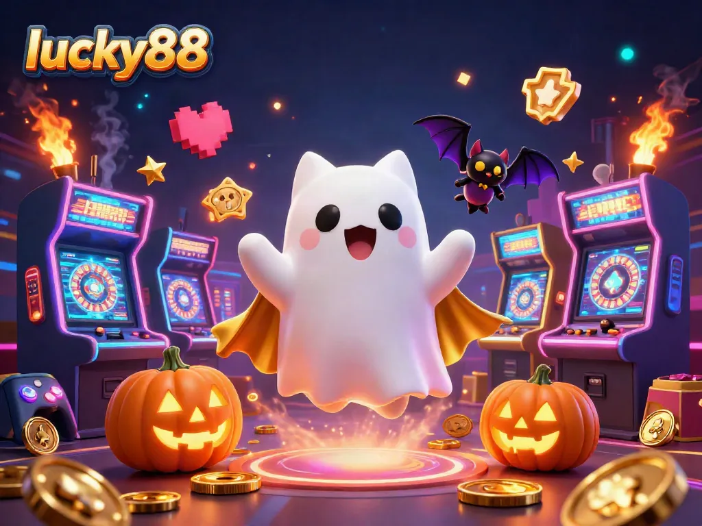 Experience winning thrills at lucky88 casino with a vibrant ghost cat and bat, surrounded by glowing gaming excitement.