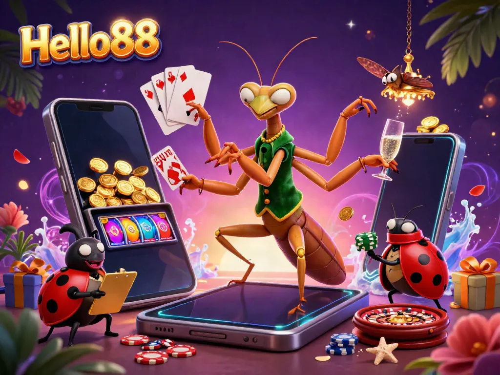 Experience the vibrant thrill of Hello88 casino with a praying mantis card sharp and ladybug pit boss.