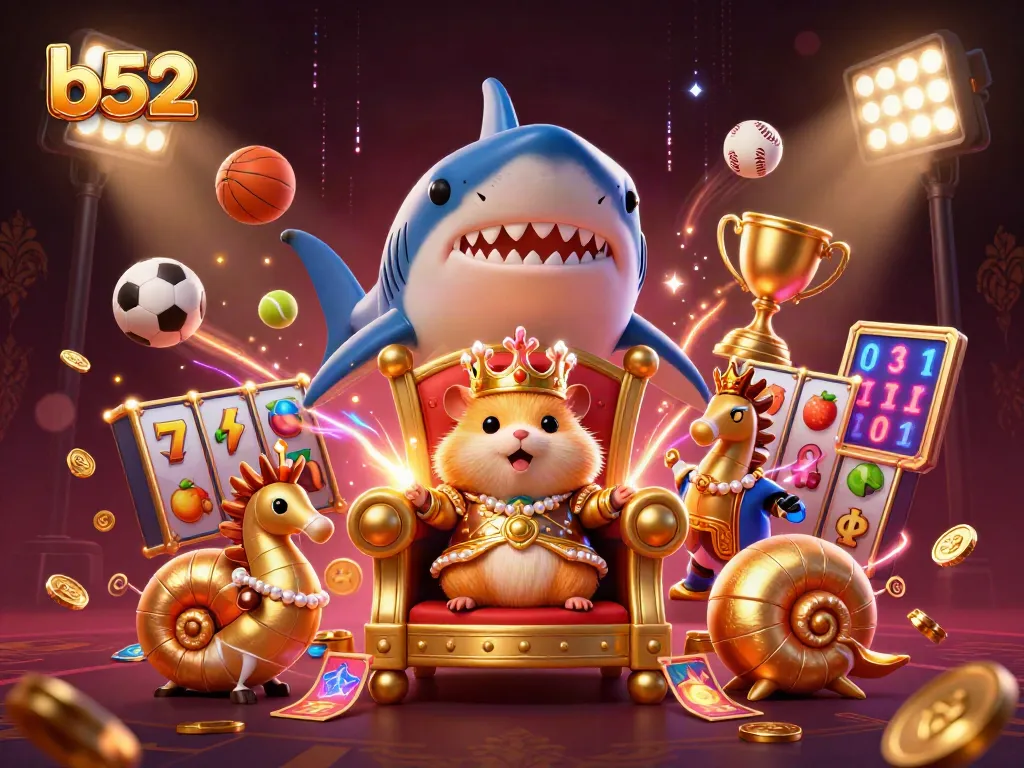 Engage in thrilling b52 gaming action with a royal hamster king on his megalodon throne.