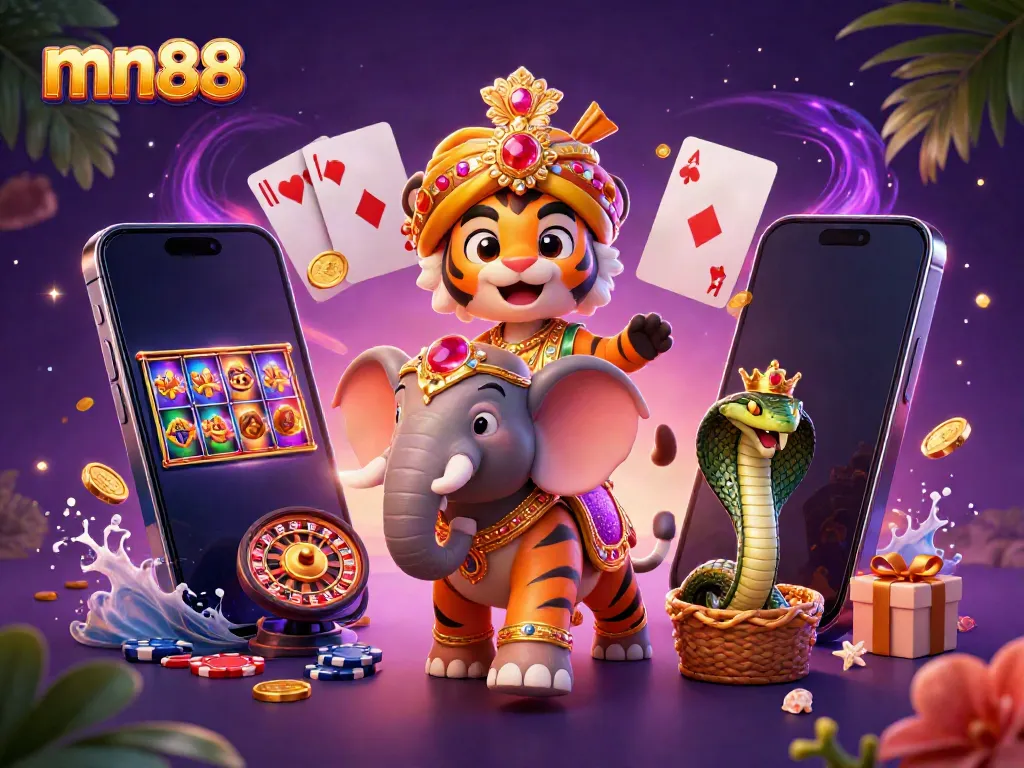 Experience thrilling moments with mn88, featuring an elaborate 3D casino scene of a maharaja tiger and jewels.