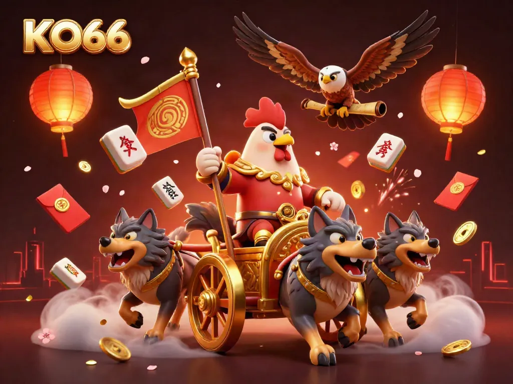 Experience KO66's thrilling gameplay with a 3D rooster warlord in a vibrant casino scene.