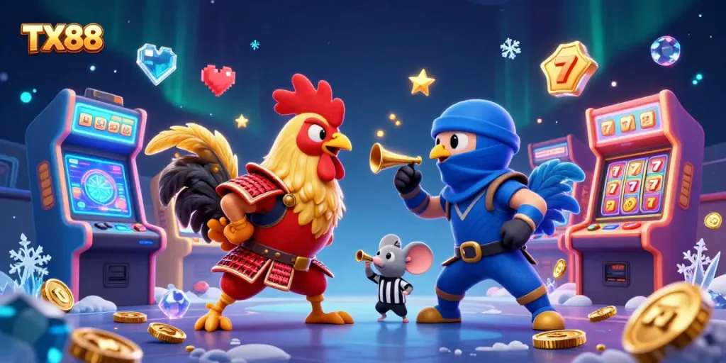 Engage in thrilling action with TX88 featuring samurai and ninja roosters in an epic standoff.
