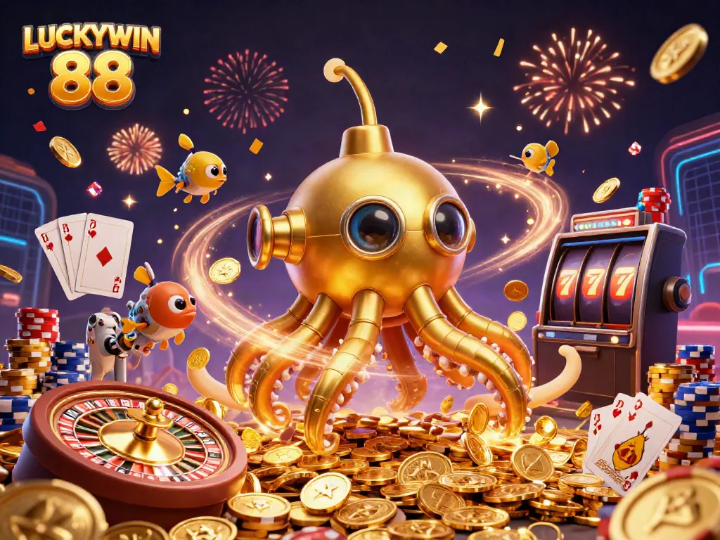 Experience thrilling gameplay with LUCKYWIN 88, featuring a dynamic casino scene of festive symbols and characters.
