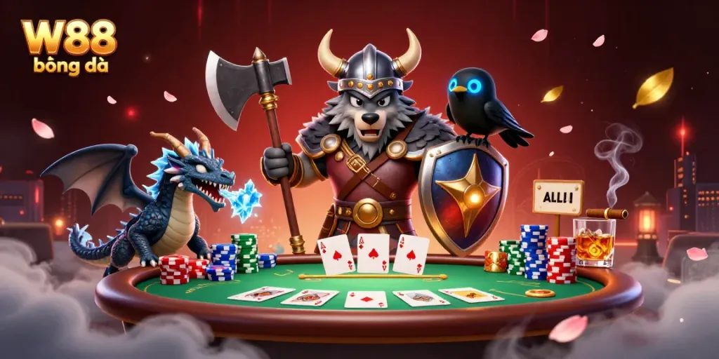 Engage in thrilling W88 bóng đá action with a Viking wolf and dragon in a 3D casino.