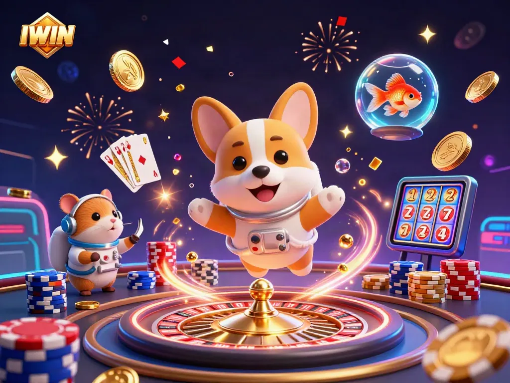IWIN players enjoying a dynamic casino experience with 3D floating characters and vibrant game elements.