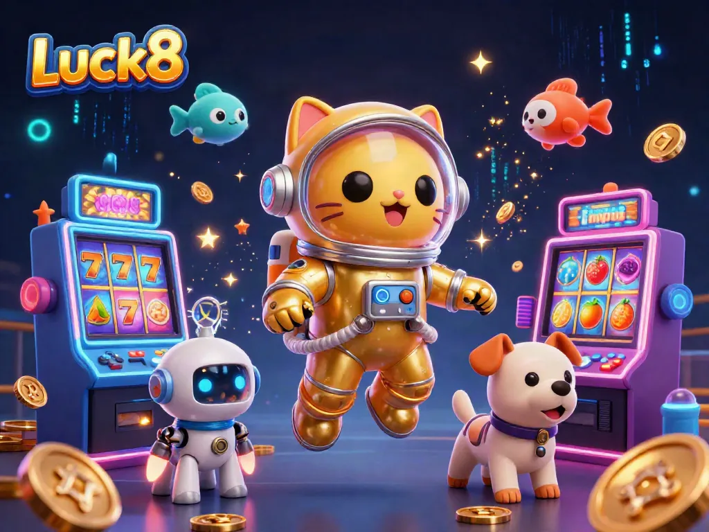Experience thrilling gaming moments with Luck8’s vibrant space-themed illustration, featuring an astronaut cat and robot dog.