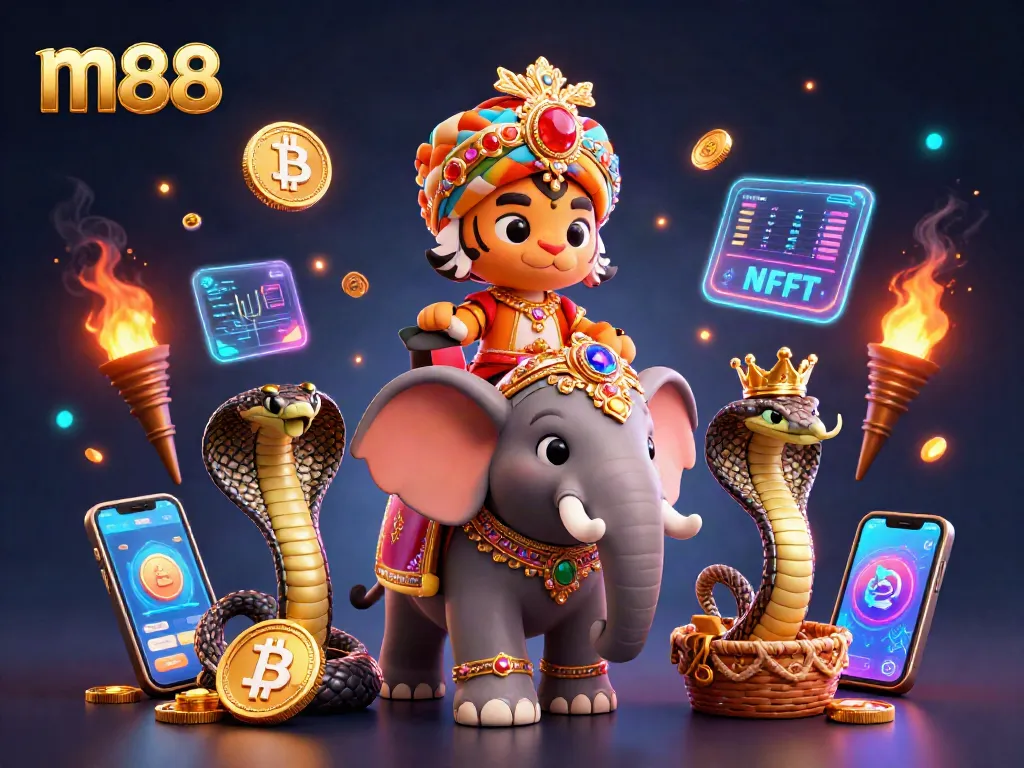 Engage in thrilling m88 casino action with vibrant cryptocurrency elements and royal characters.