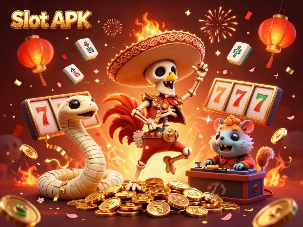 Experience Slot APK action with vibrant characters dancing on golden coins amidst festive gambling elements.