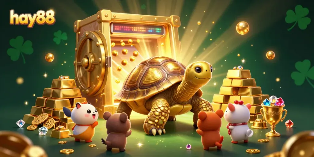 Experience the thrill of winning at hay88 with a vibrant, golden-themed casino illustration full of games and riches.