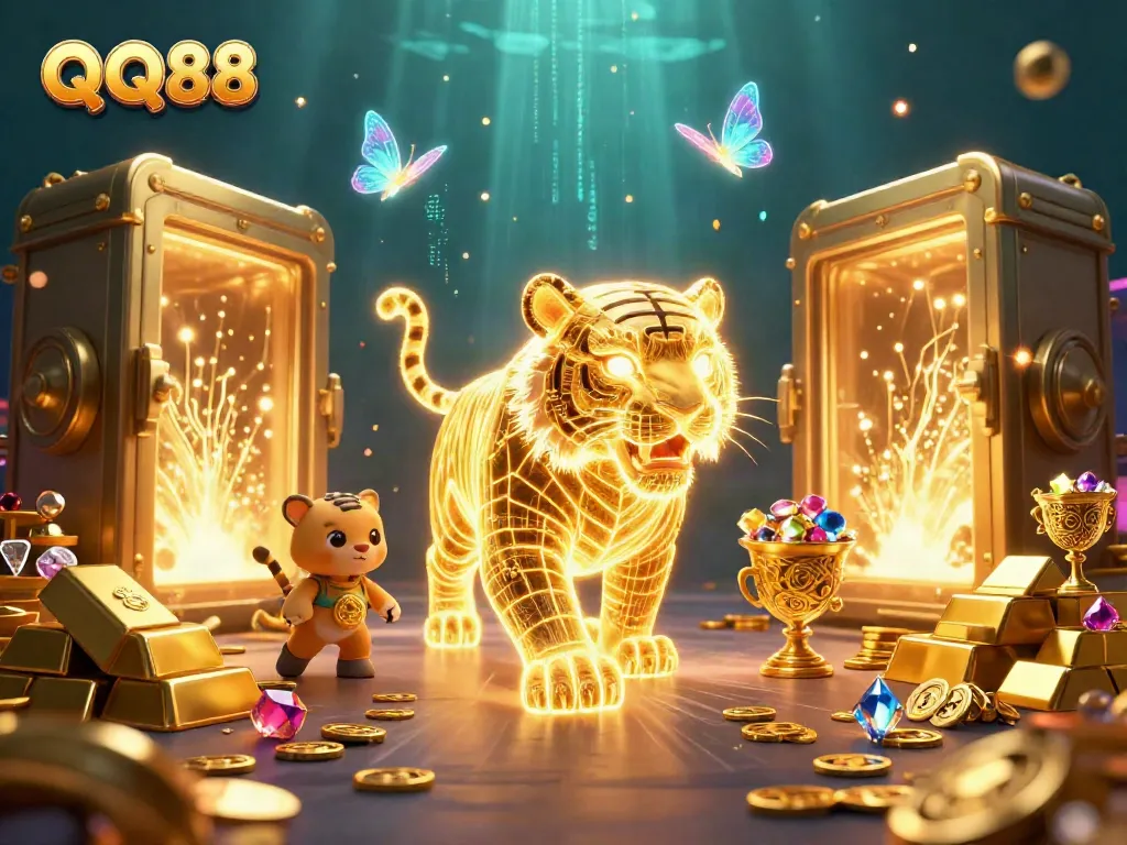 Experience thrilling gaming with QQ88's vibrant casino illustration featuring a neon tiger and treasures.