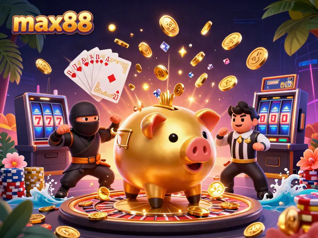 Experience thrilling gameplay at max88 with a colorful 3D casino scene featuring lively characters and vivid elements.