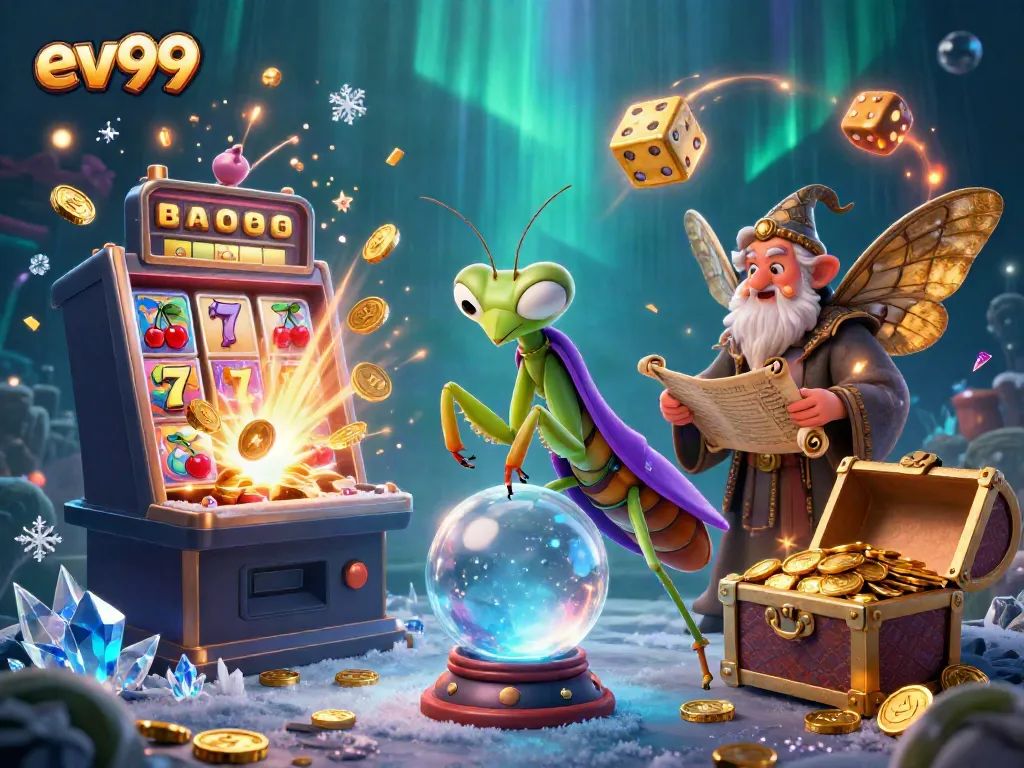 Engage in mystical gambling experiences at ev99 with a dynamic 3D casino-themed illustration.