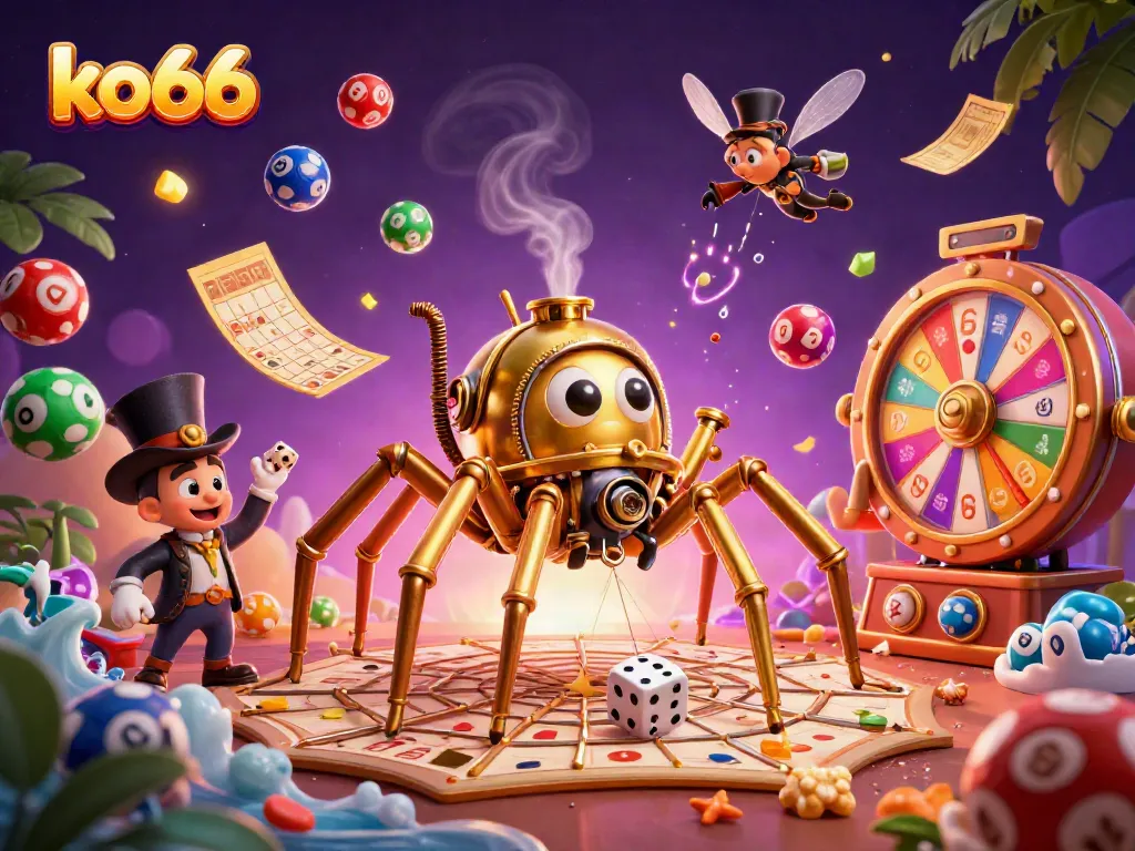 Engage in thrilling gameplay at ko66 with steampunk spider and animated lottery elements amid vibrant backgrounds.