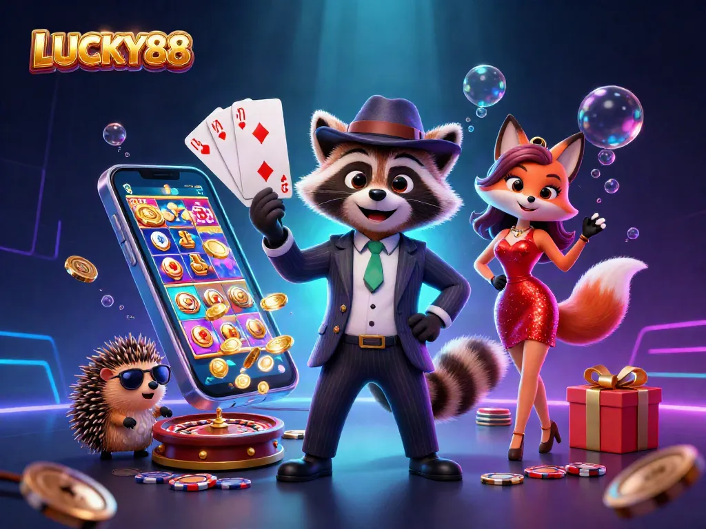 Experience the thrilling action with LUCKY88 as a raccoon and fox lady play cards in a vibrant casino