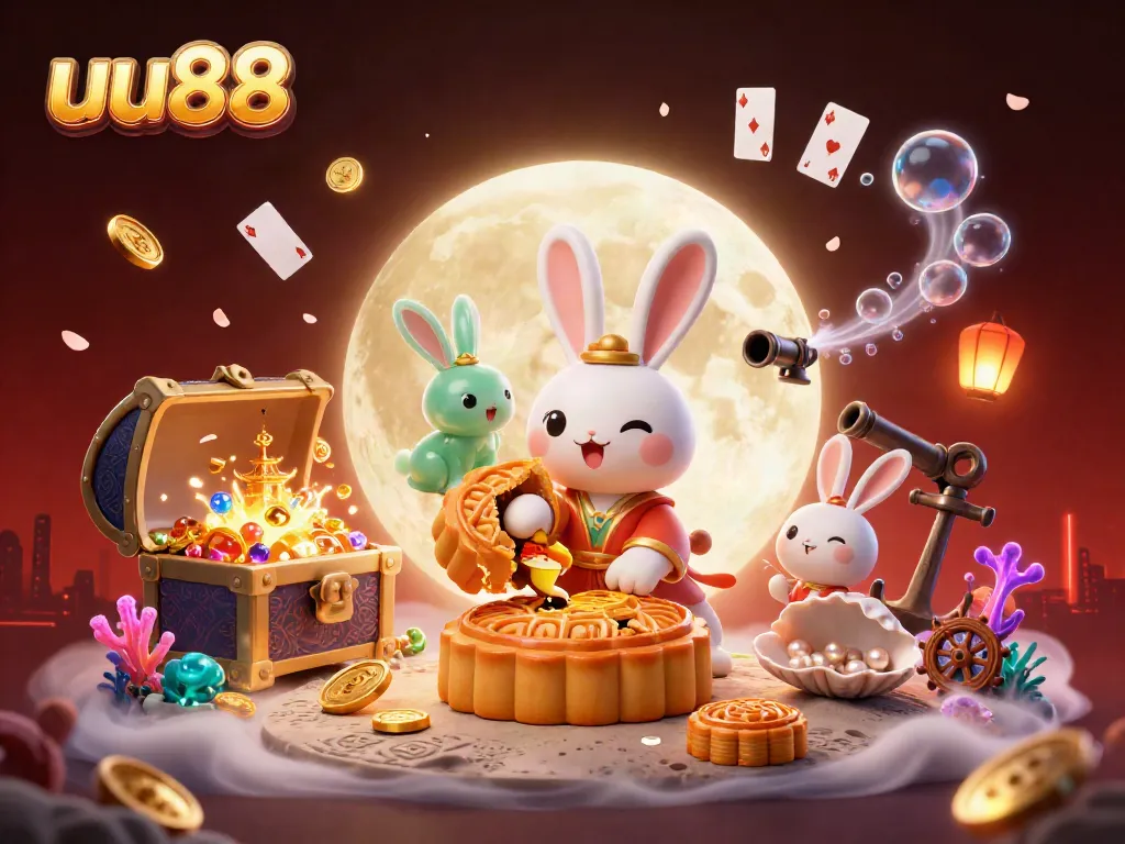 Experience excitement with uu88 as a moon rabbit plays with poker chips on a vibrant lunar setting.