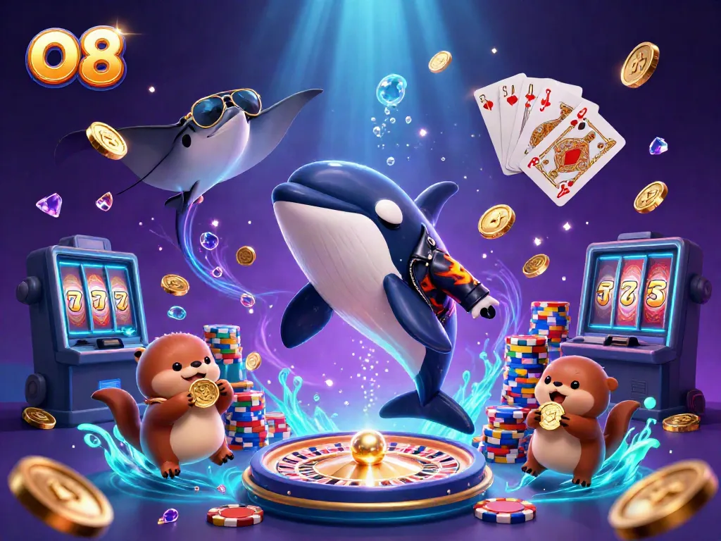 O8 brings excitement with a dynamic scene of an orca whale, stingray, and otters amid casino elements.