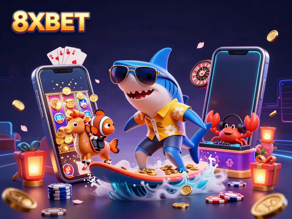 Engaging 3D illustration featuring 8XBET with characters in a vibrant casino-themed scene
