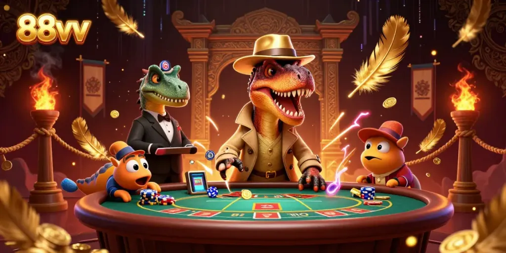 Experience the thrill of 88vv with a velociraptor card counter surrounded by betting action and dynamic casino elements.