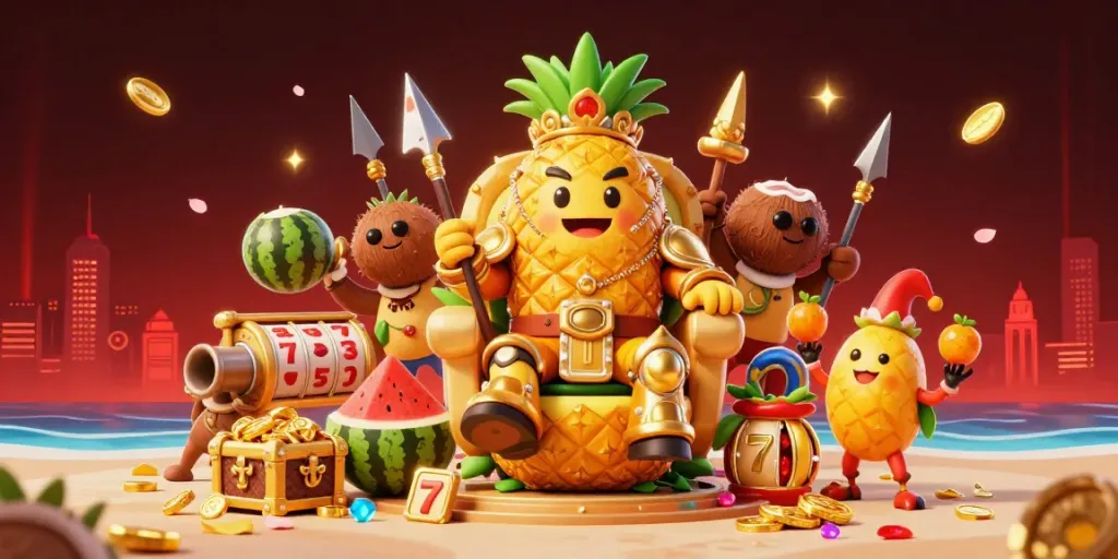M3 Online Casino brings excitement with a golden pineapple king on his throne surrounded by vibrant game elements.